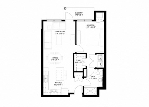Floor plan for 1 bed, 1 bath, 771 sqft